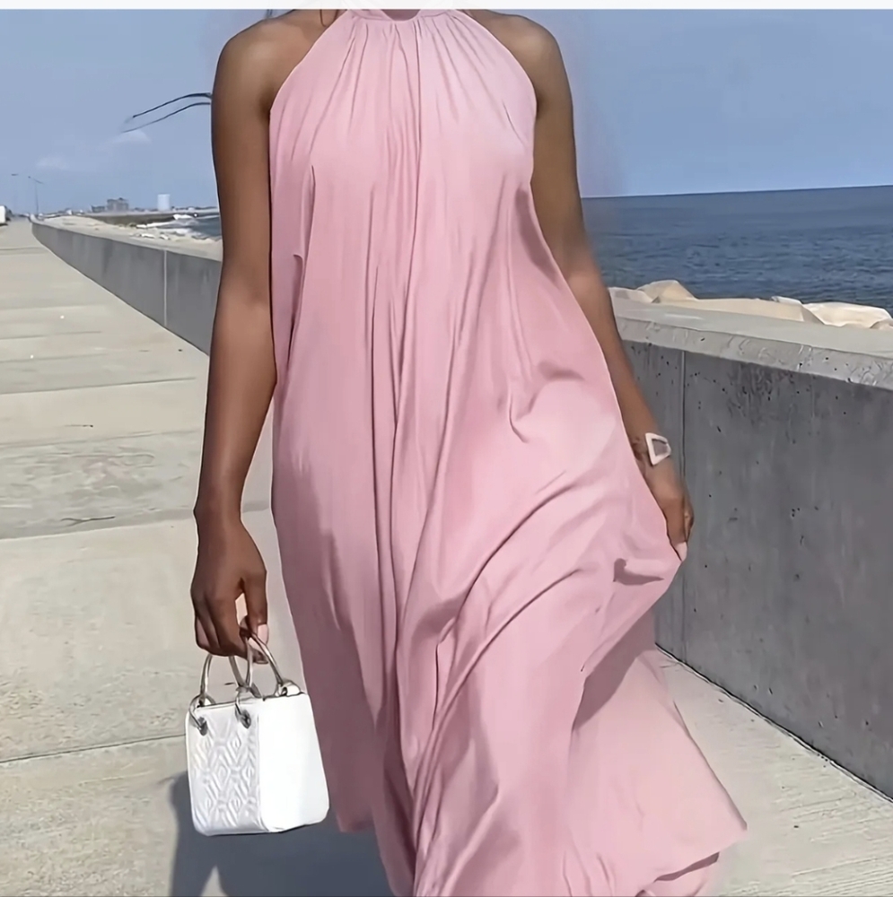 Pink Pleated Halter Maxi Sundress